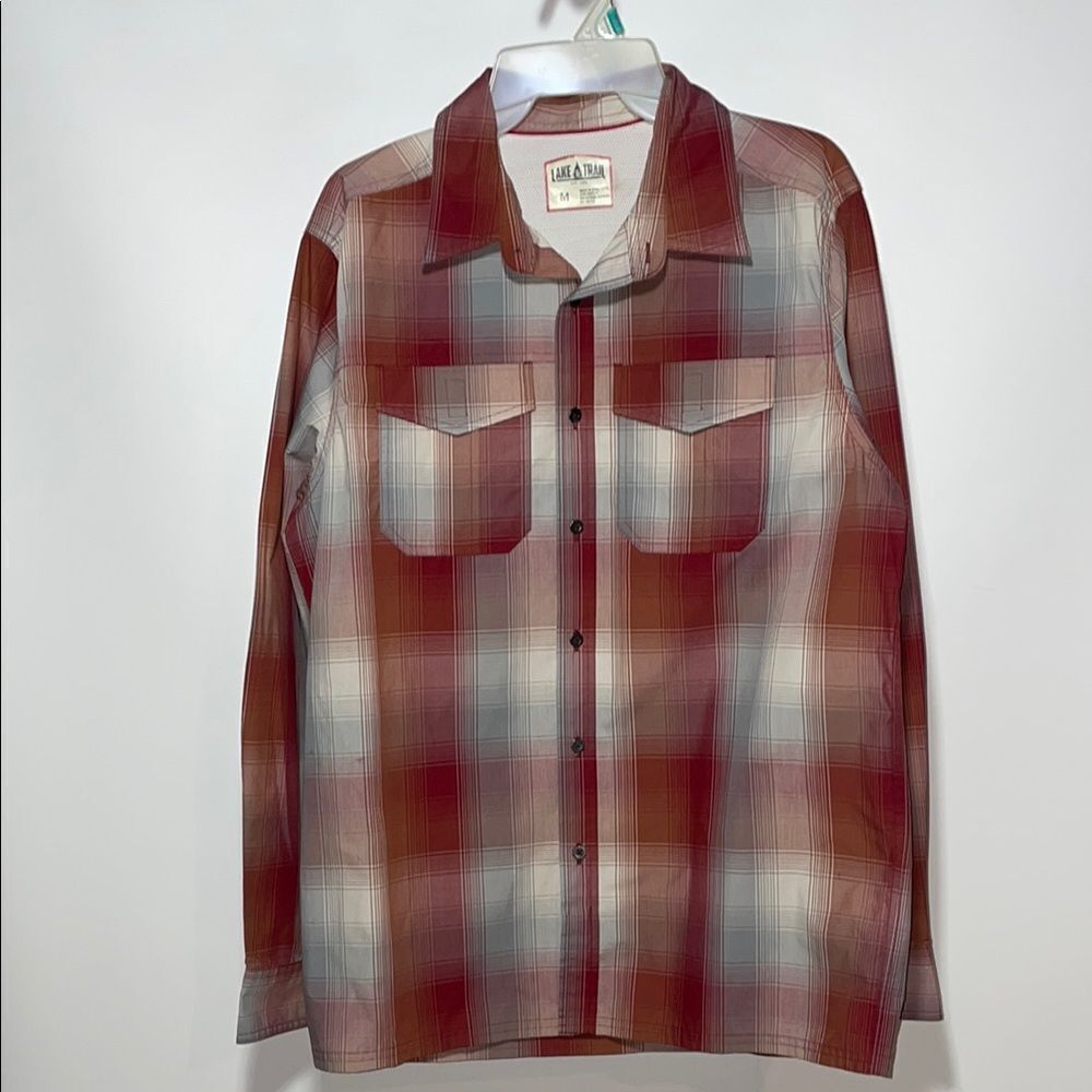 Red and White Casual Button Down Shirt with Plaid Pattern